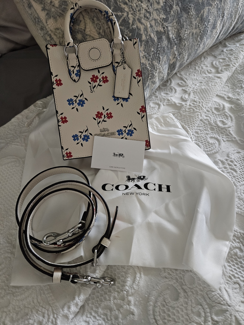 Coach Chalk Floral Mini Tote Crossbody with Red & Blue Flowers
